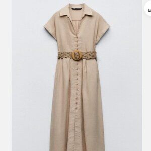 Zara Beige Linen Blend Midi Shirt Dress with Pockets and Braided Belt XL